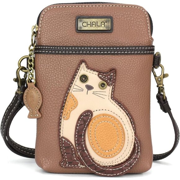 Cat Collection Brown PU Leather Canvas Multicolor Crossbody Cell Phone Purse wit